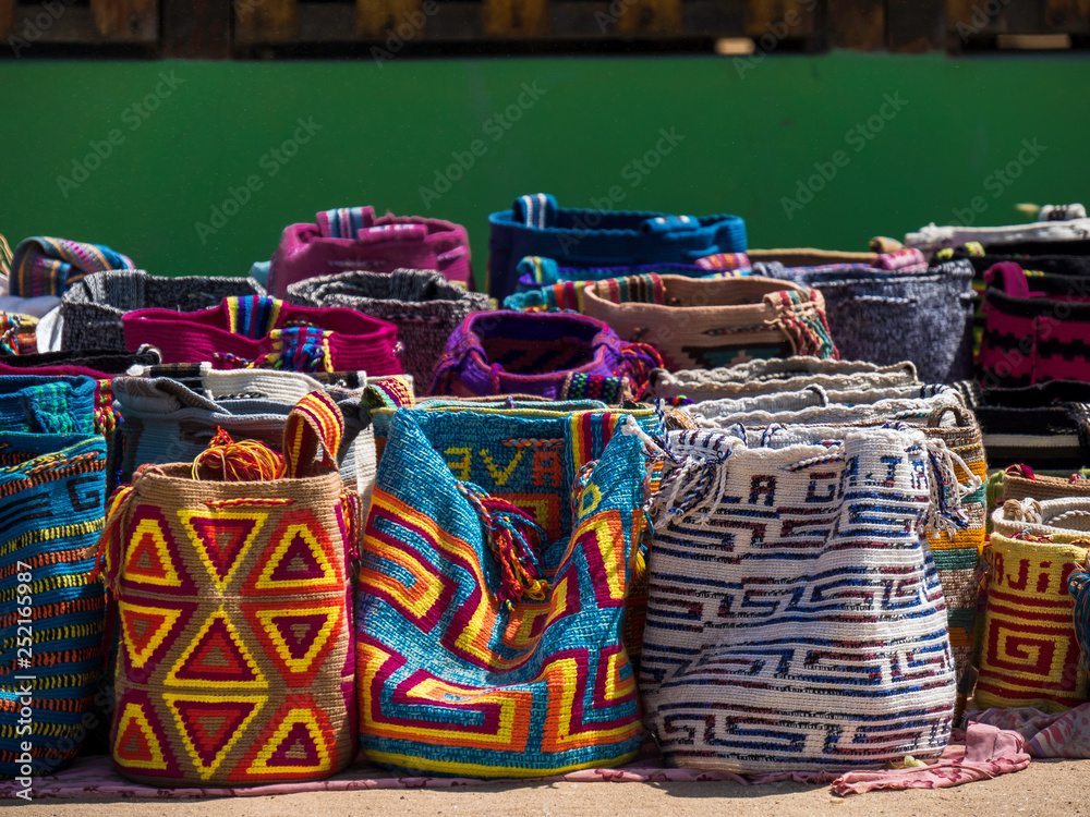Colorful handicraft textile bags made by indigenous tribe in Colombia