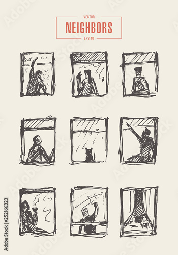 Vector of windows sketch building people neighbors