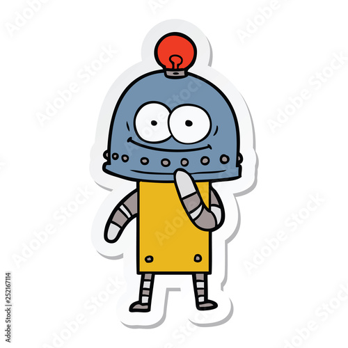 sticker of a happy carton robot with light bulb