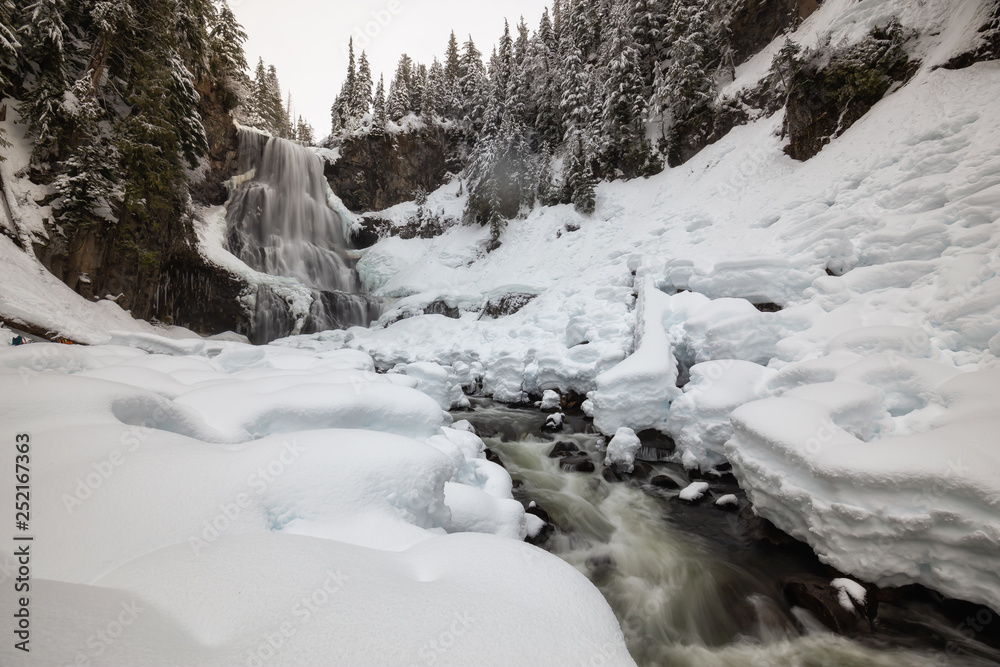 Beautiful Canadian Winter Landscape of the Waterfall during a white snowy day. Taken at Alexander Falls, Near Whistler and Squamish, North of Vancouver, BC, Canada.