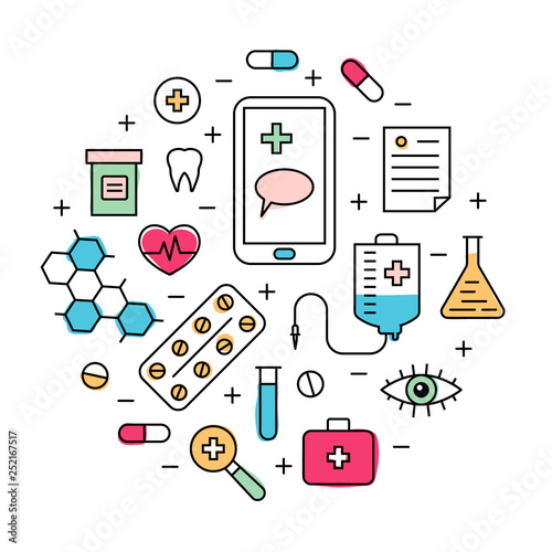 Healthcare concept with medical icons in thin line style.