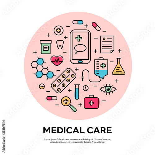 Healthcare concept with medical icons in thin line style.