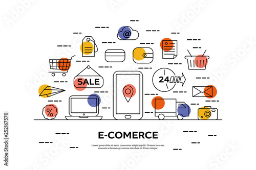 E-comerce concept in thin line style with different icons and colorful spots.