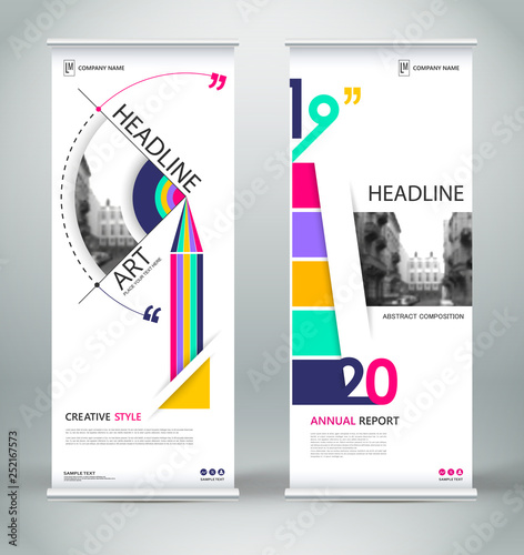 Abstract composition. White roll up brochure cover design. Info banner frame. Text font. Title sheet model set. Modern vector front page. City view brand flag. Triangle figures icon. Ad flyer fiber
