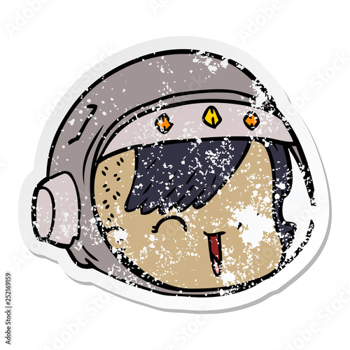 distressed sticker of a cartoon happy astronaut face
