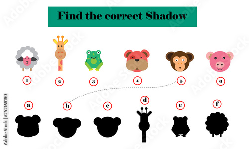 Find correct shadow. Kids educational game. Forest animals.