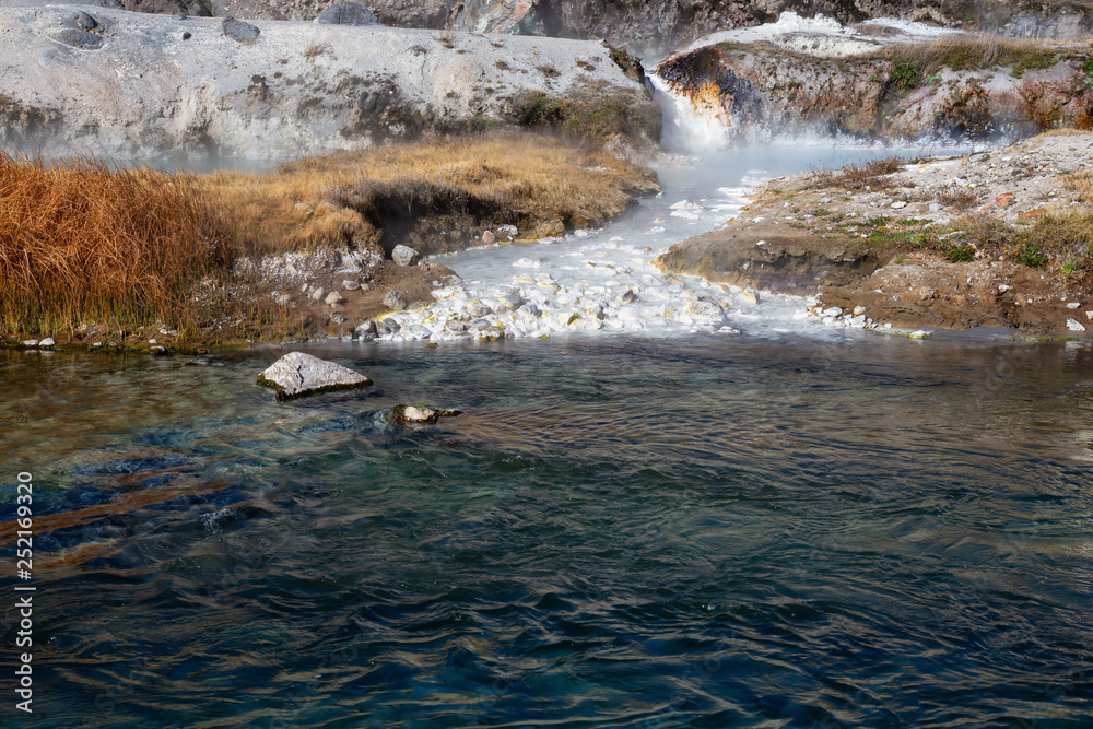 View of natural Hot Springs at Hot Creek Geological Site. Located near Mammoth Lakes, California, United States.