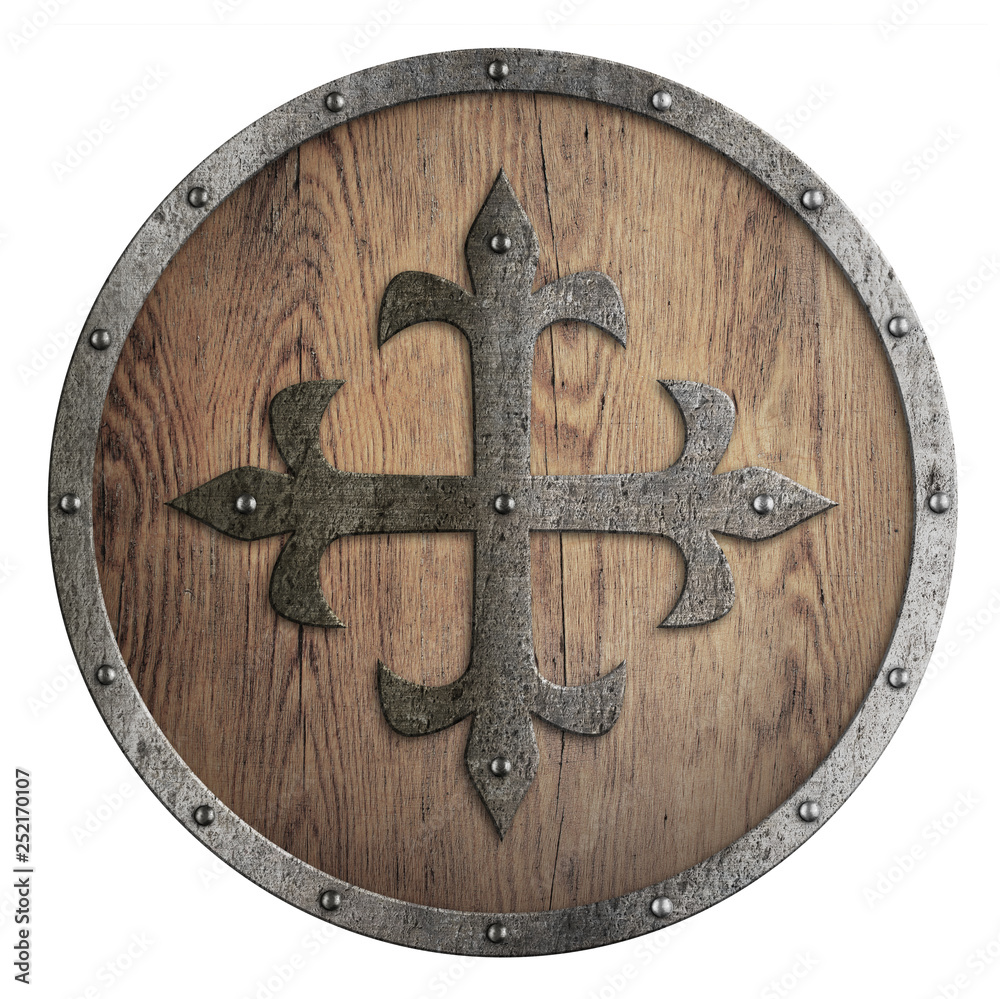 Fototapeta premium Round wooden shield with metal cross in center 3d illustration