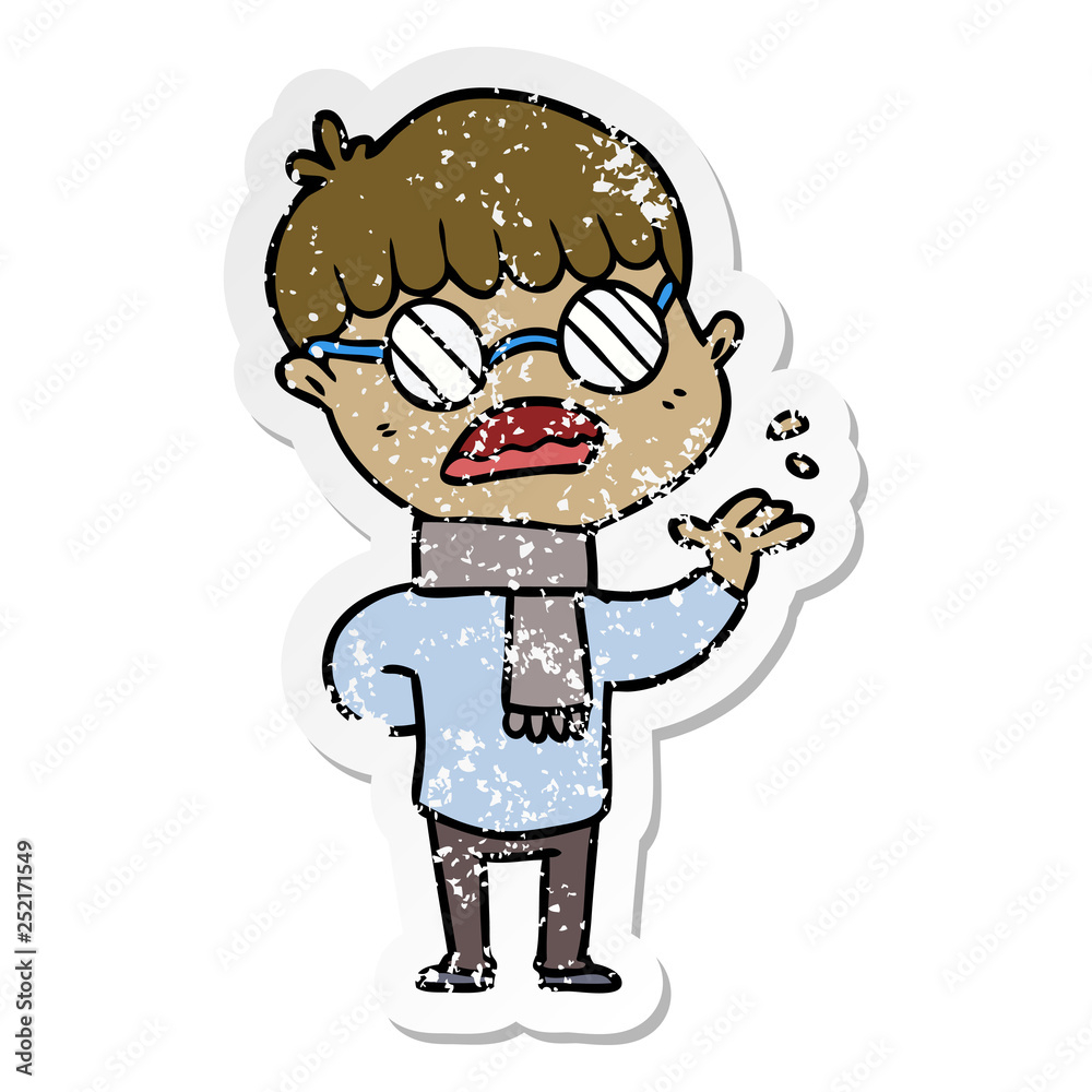 distressed sticker of a cartoon boy wearing spectacles