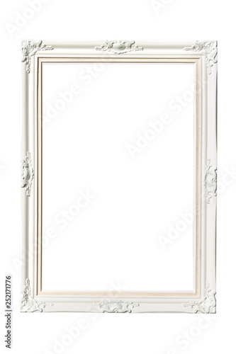 Empty white carved wooden vintage picture frame isolated on white background