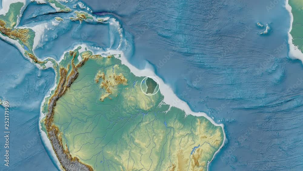 French Guiana area presented against the global relief map in the Kavrayskiy VII projection with animated oblique transformation French Guiana area presented against the global relief map in the Kavrayskiy VII projection with animated oblique transformation