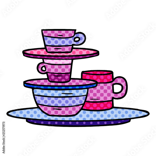 cartoon doodle of colourful bowls and plates