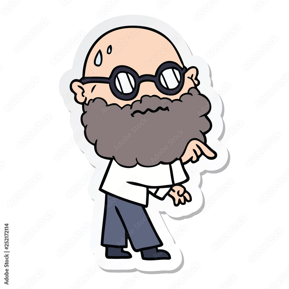 sticker of a cartoon worried man with beard and spectacles pointing finger sticker of a cartoon worried man with beard and spectacles pointing finger