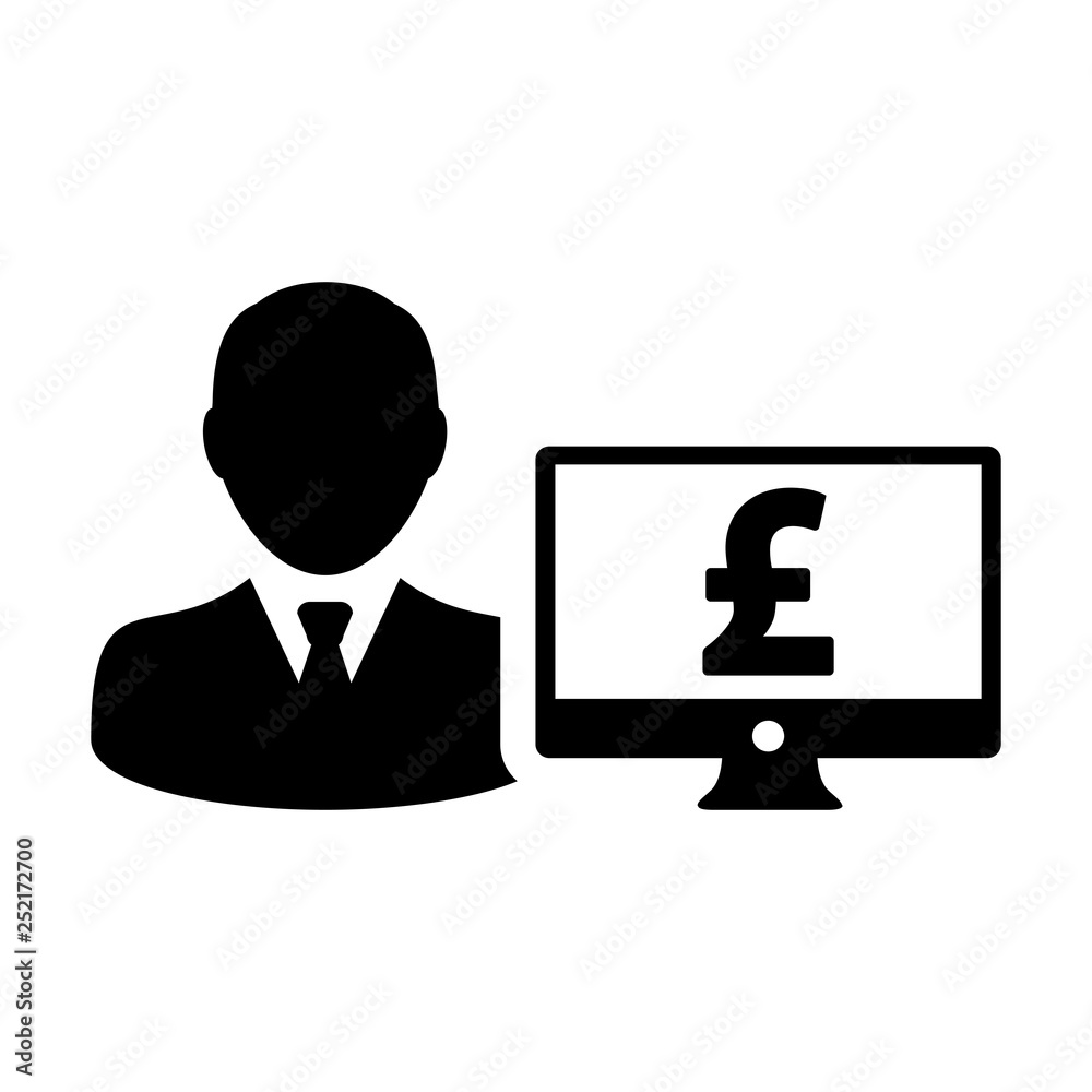 Sales icon vector male user person profile avatar with computer monitor and pound sign currency money symbol for banking and finance business in flat color glyph pictogram illustration Sales icon vector male user person profile avatar with computer monitor and pound sign currency money symbol for banking and finance business in flat color glyph pictogram illustration