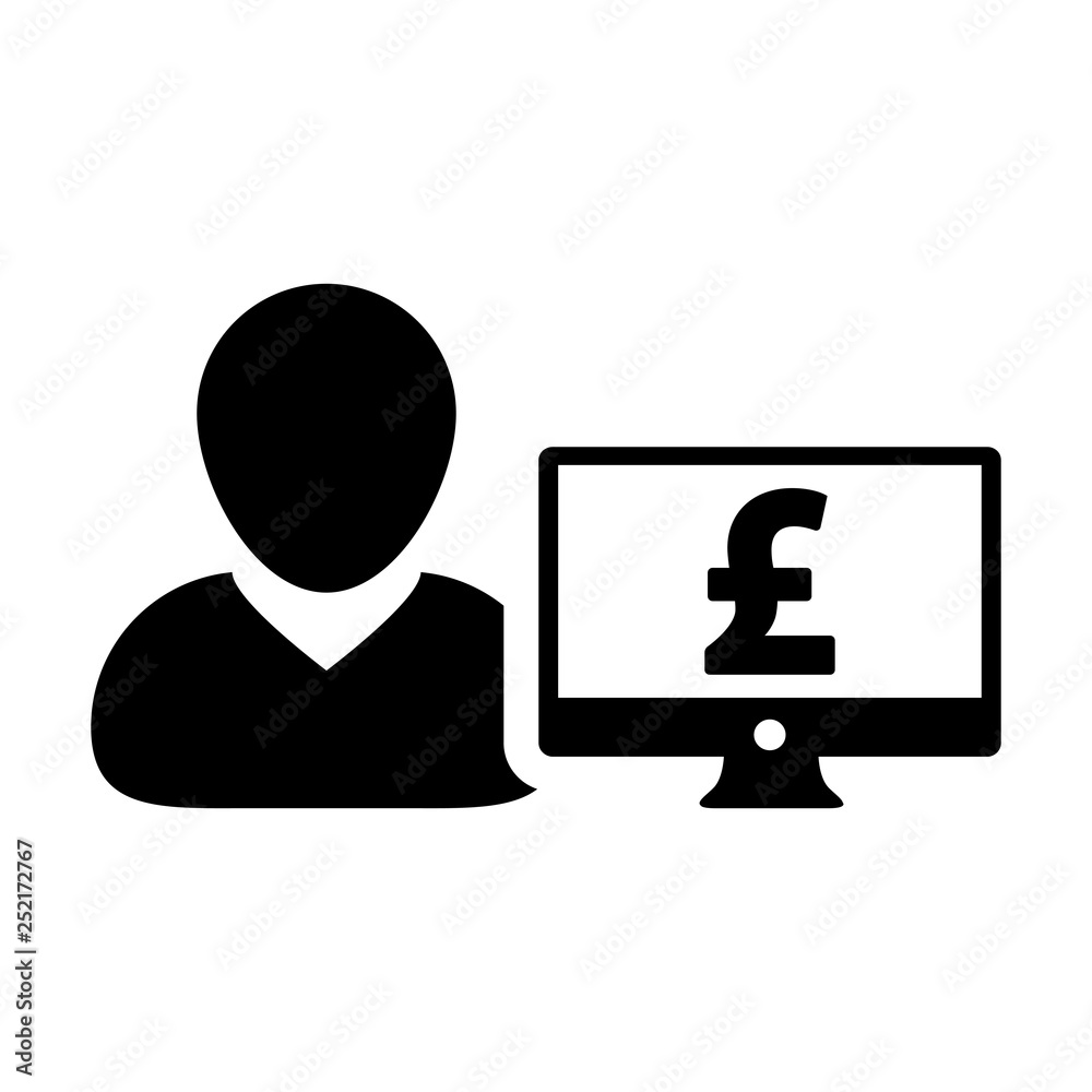 Funding icon vector male user person profile avatar with computer monitor and pound sign currency money symbol for banking and finance business in flat color glyph pictogram illustration Funding icon vector male user person profile avatar with computer monitor and pound sign currency money symbol for banking and finance business in flat color glyph pictogram illustration