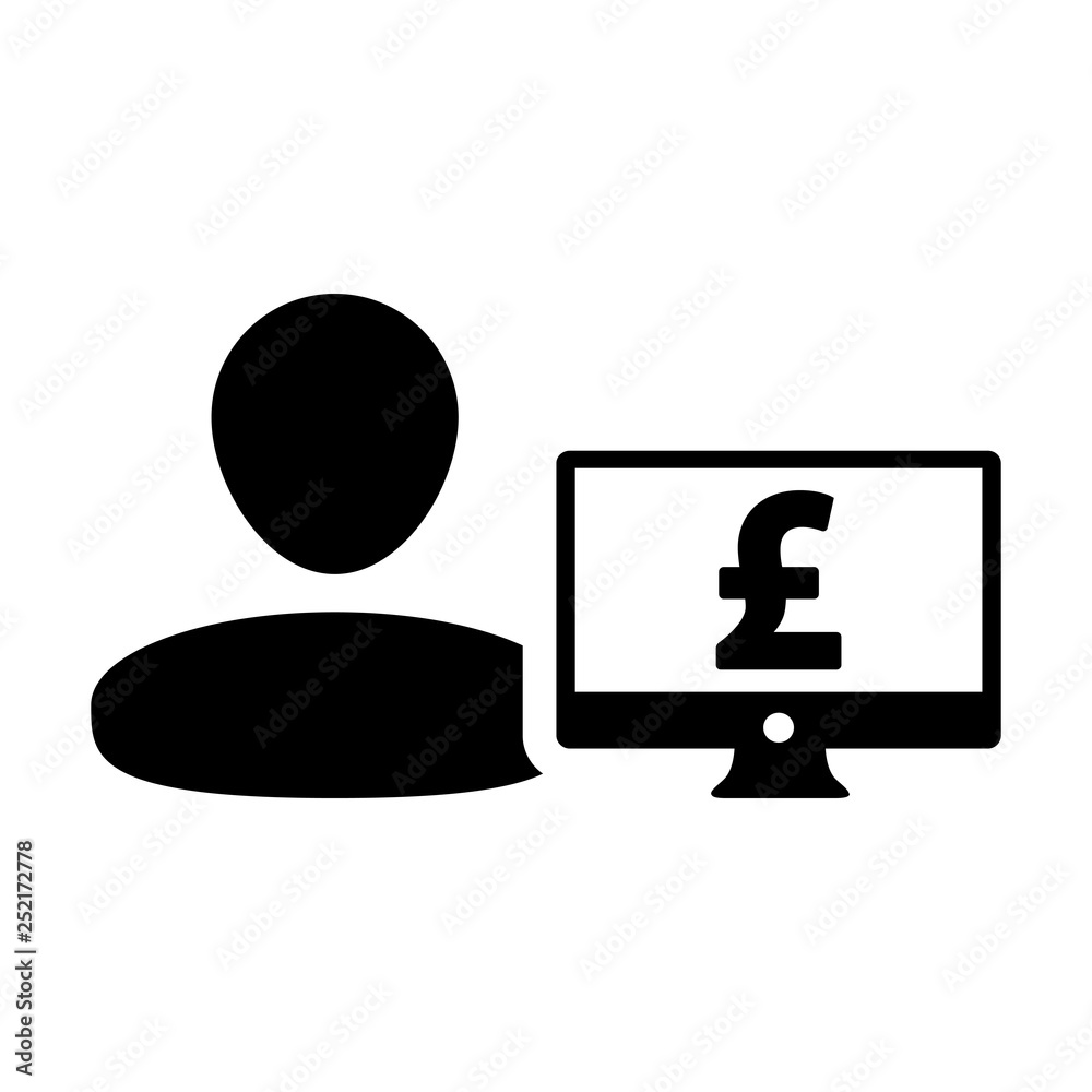 Market icon vector male user person profile avatar with computer monitor and pound sign currency money symbol for banking and finance business in flat color glyph pictogram illustration Market icon vector male user person profile avatar with computer monitor and pound sign currency money symbol for banking and finance business in flat color glyph pictogram illustration
