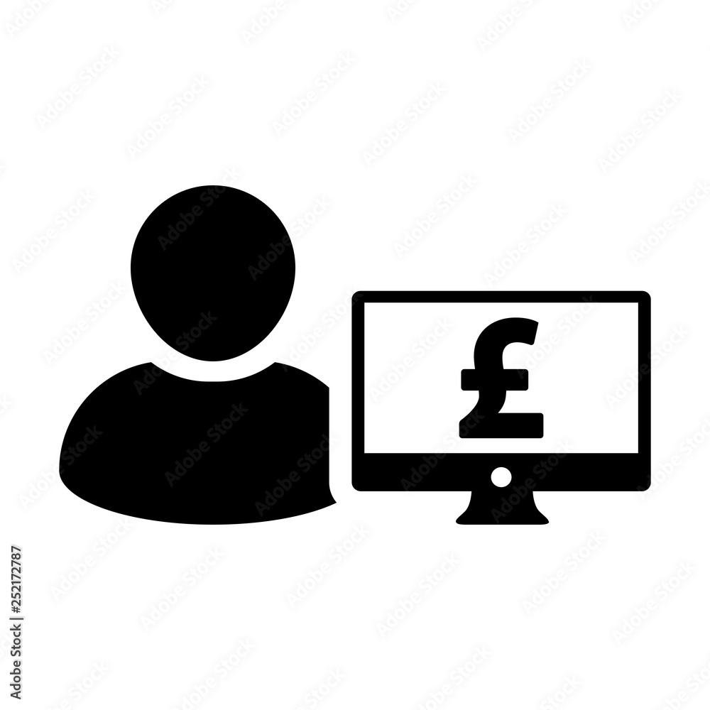 Money icon vector male user person profile avatar with computer monitor and pound sign currency symbol for banking and finance in flat color glyph pictogram illustration Money icon vector male user person profile avatar with computer monitor and pound sign currency symbol for banking and finance in flat color glyph pictogram illustration
