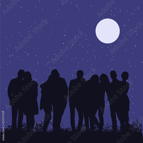  isolated, silhouette people walk in the park in the evening