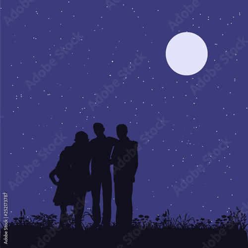 silhouette of a family with children in the evening in the park, the moon and the stars in the sky