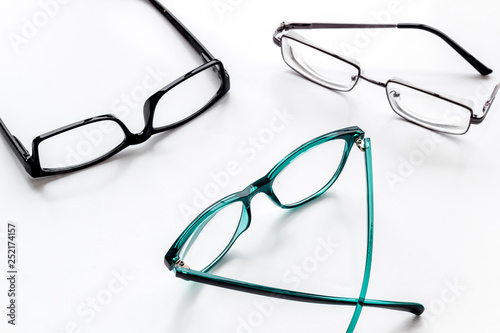 Accessories for eyes. Glasses with transparent lenses and different frames on white background