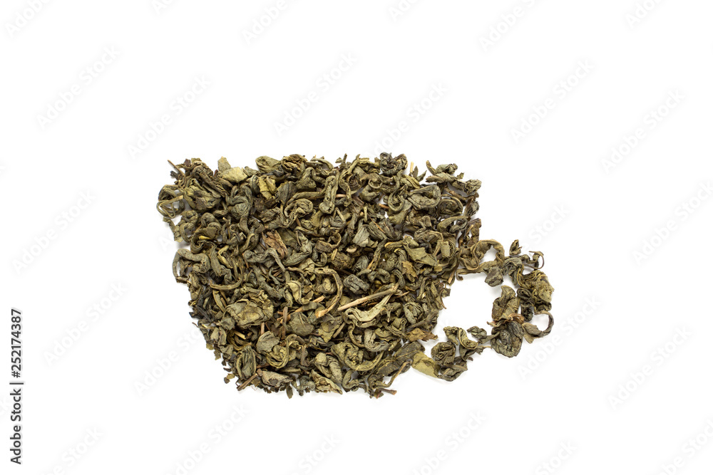 Green tea leaves on white background.