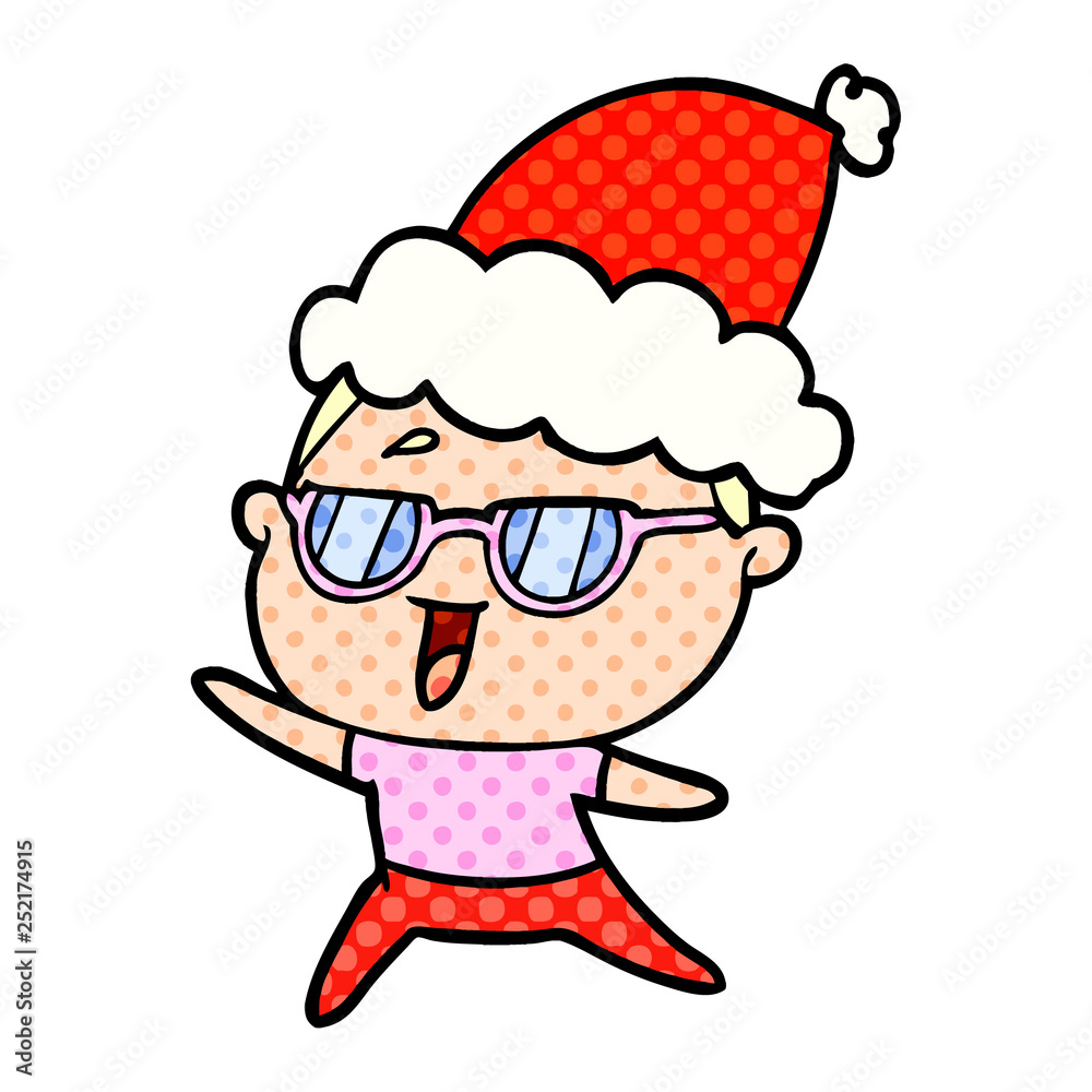 comic book style illustration of a happy woman wearing spectacles wearing santa hat comic book style illustration of a happy woman wearing spectacles wearing santa hat