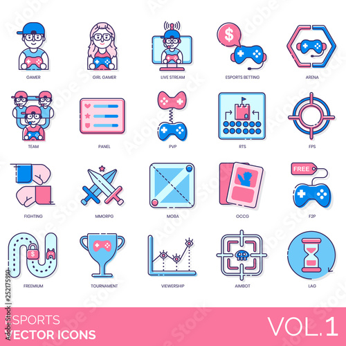 Esports icons including gamer, girl, live stream, betting, arena, team, panel, PVP, RTS, FPS, fighting, MMORPG, MOBA, OCCG, F2P, freemium, tournament, viewership, aimbot, lag.