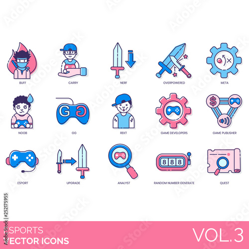 Esports icons including buff, carry, nerf, overpowered, meta, noob, GG, rekt, game developer, publisher, upgrade, analyst, random number generate, quest. photo