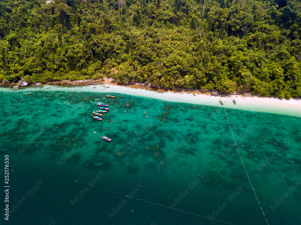 Aerial view of beautiful white sand beach and snorkel point at Kang Kao Island (Laem Son National Park) in Andaman sea Ranong, Thailand (Photo from Drone)