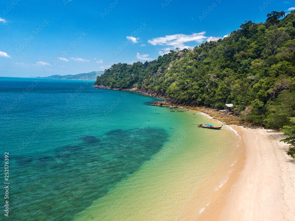 Aerial view of beautiful white sand beach and snorkel point at Koh (Island) Phayam in Andaman sea Ranong, Thailand (Photo from Drone)