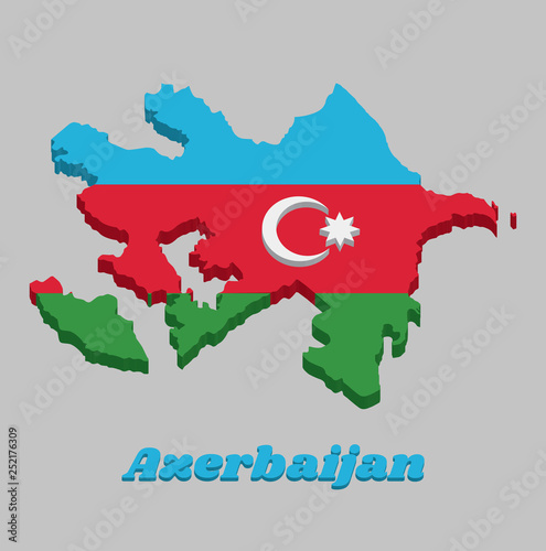 3D Map outline and flag of Azerbaijan, a horizontal tricolor of blue, red, and green, with a white crescent and an eight-pointed star centered on a red band.