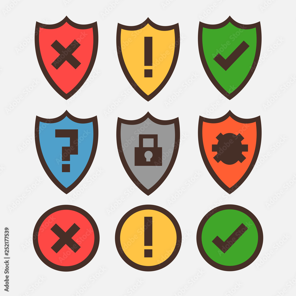 Concept of icons for antivirus programs, shields with safety and danger icons. Color icons for computer programs. Vector graphics. Concept of icons for antivirus programs, shields with safety and danger icons. Color icons for computer programs. Vector graphics.