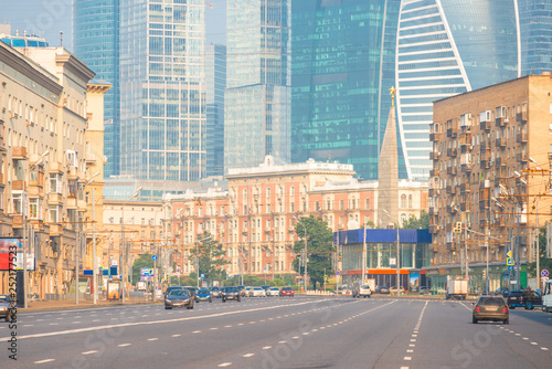 Moscow city street against the background of Moscow City skyscrapers in the early morning