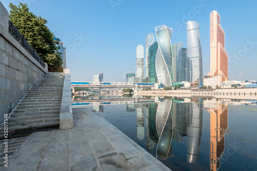 Horizontal landscape Moscow City skyscrapers by the river water