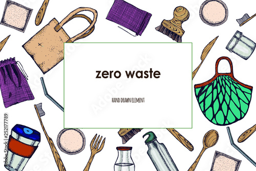 Zero Waste life stile.Hand drawn elements . Eco style. No plastic. Go green.Engraved stile.Cloth shopping bag, reusable produce bag.Bamboo toothbrush,shaving brush, glass jar,spoon, fork, knife,bottle