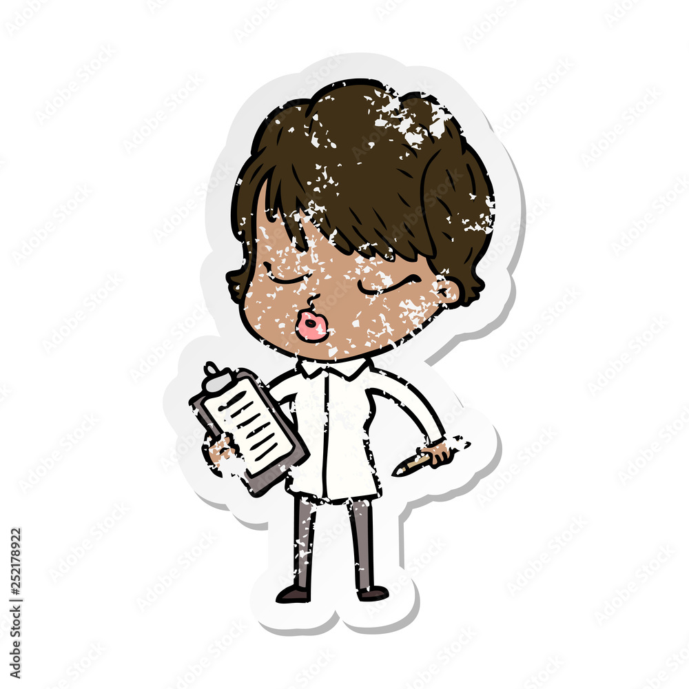 distressed sticker of a cartoon woman with eyes shut distressed sticker of a cartoon woman with eyes shut