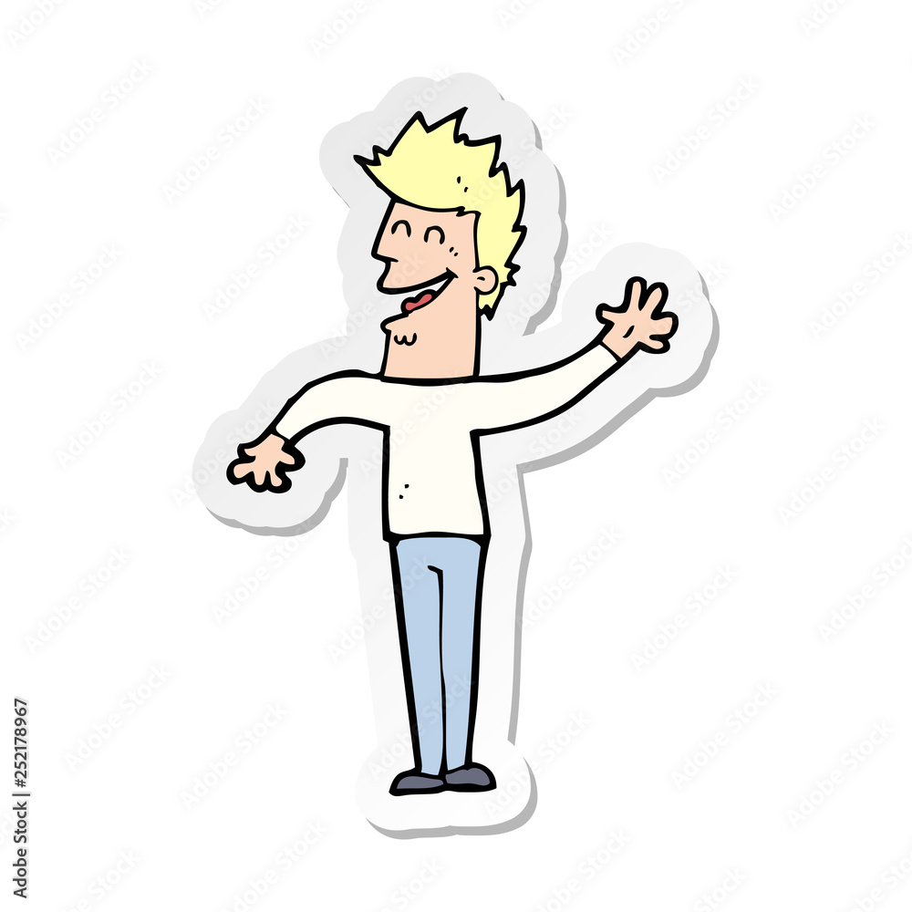 sticker of a cartoon happy man waving