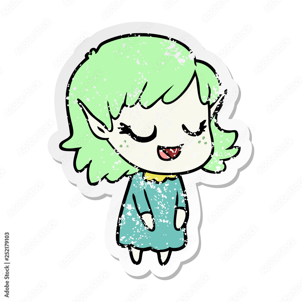 distressed sticker of a happy cartoon elf girl distressed sticker of a happy cartoon elf girl