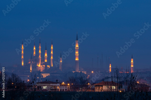 Night view of Selimiye Mosque and Old Mosque Edirne