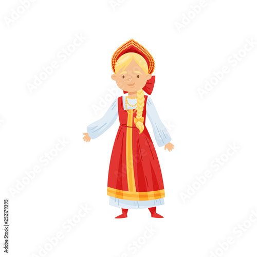 Smiling blonde girl in Russian traditional dress and headdress. National women clothes. Flat vector design