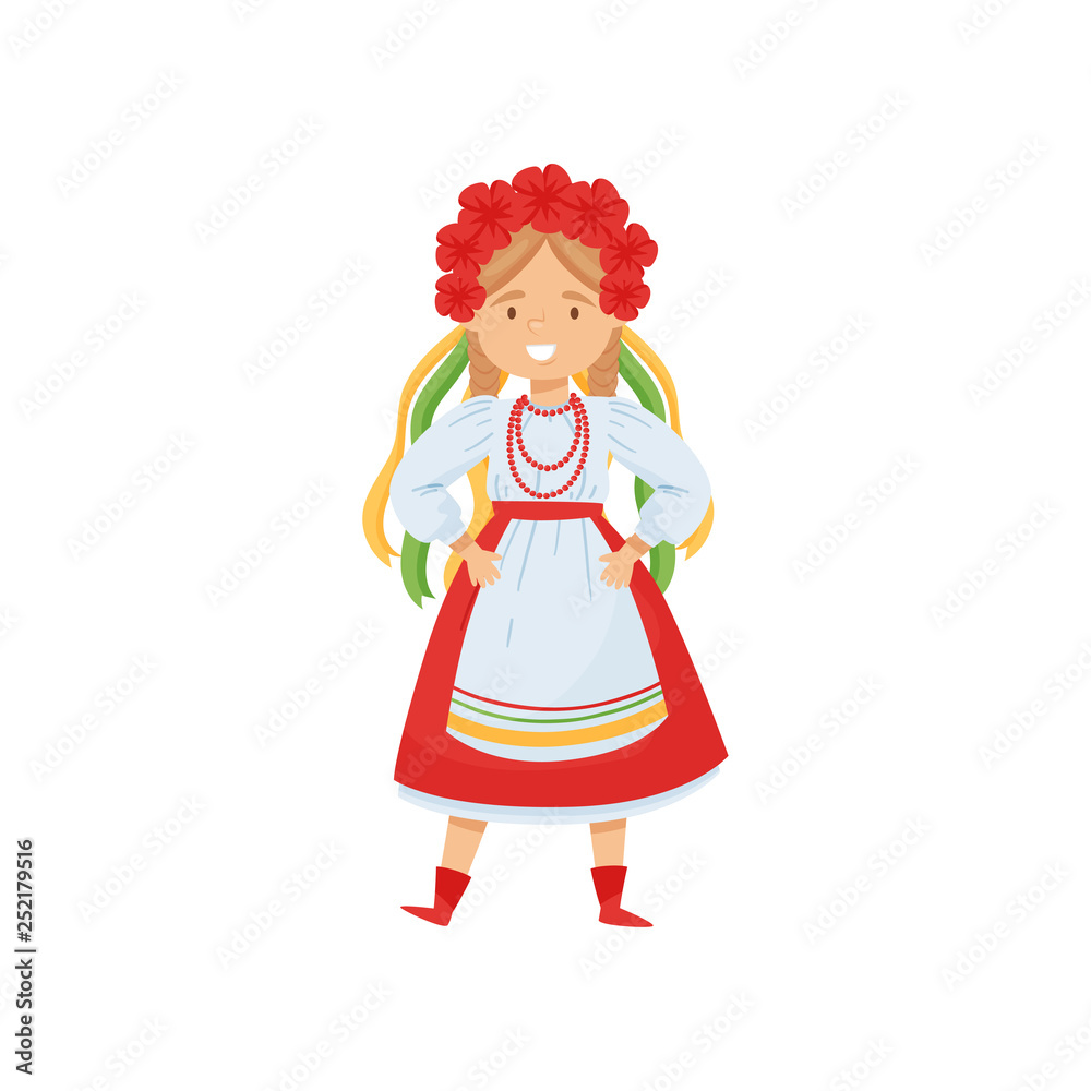 Cute girl in Ukrainian traditional clothes. Character in dress and flower wreath. National costume. Flat vector