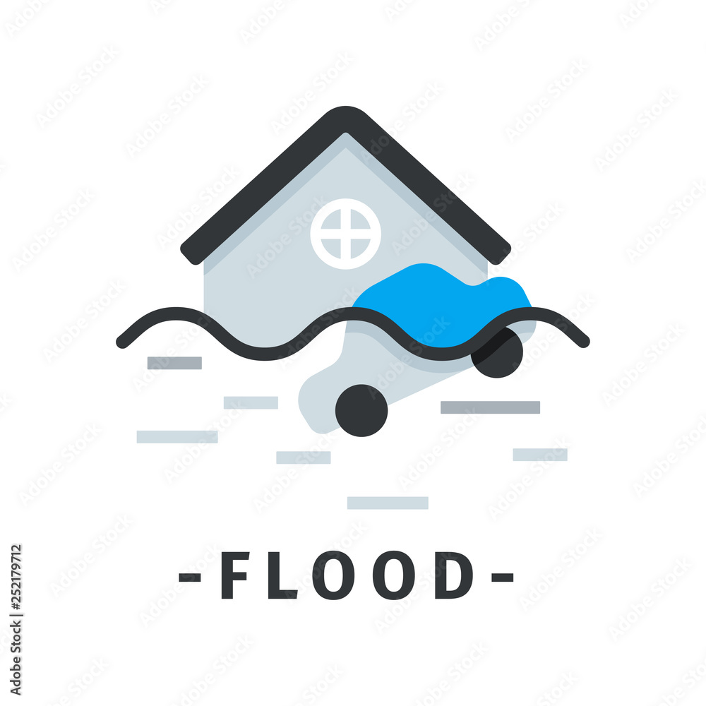 Flat vector icon of flooded house and car. Natural disaster. Illustration of dangerous catastrophe Flat vector icon of flooded house and car. Natural disaster. Illustration of dangerous catastrophe