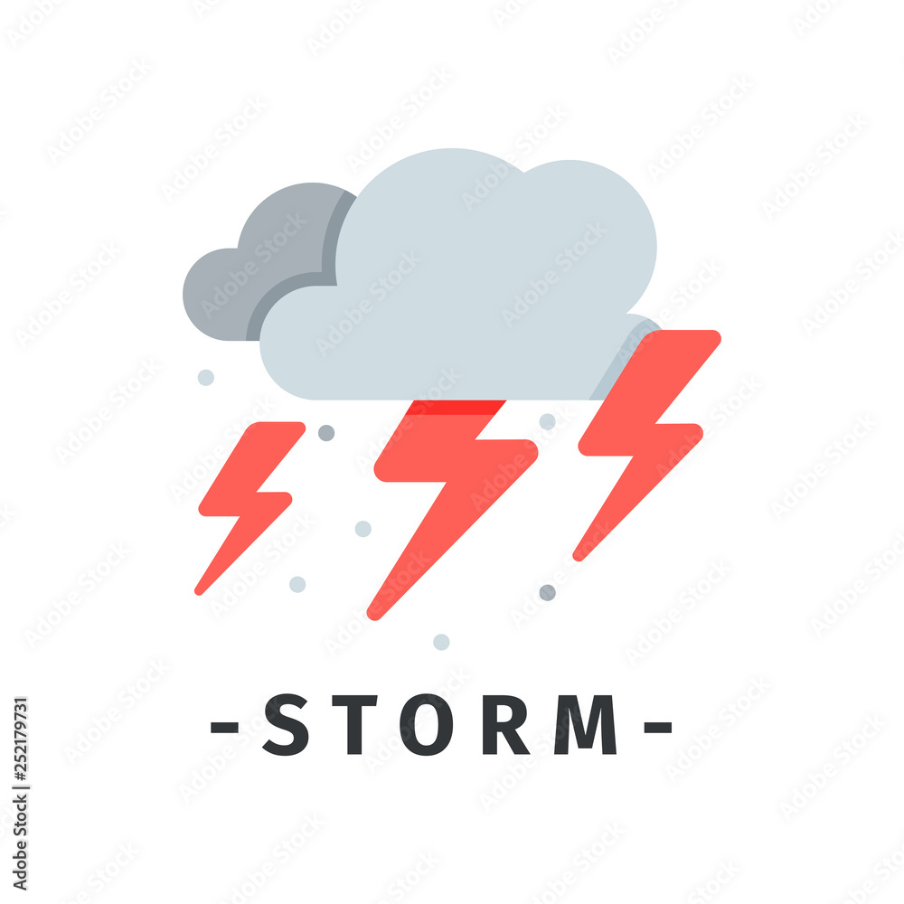 Gray clouds and red lightnings. Storm and thunderstorm weather. Natural disaster. Flat vector icon