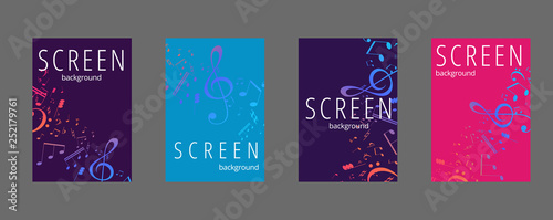 Musical banner set with colored key notes. Abstract music background. Vector paper illustration.