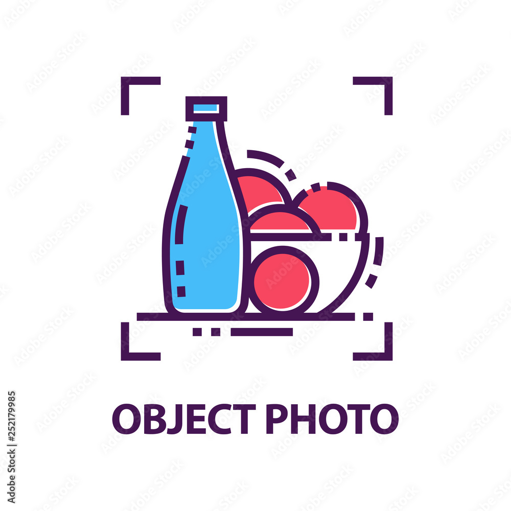 Original vector linear emblem for photo studio. Object photography. Logo template with bottle and bowl of fruits Original vector linear emblem for photo studio. Object photography. Logo template with bottle and bowl of fruits