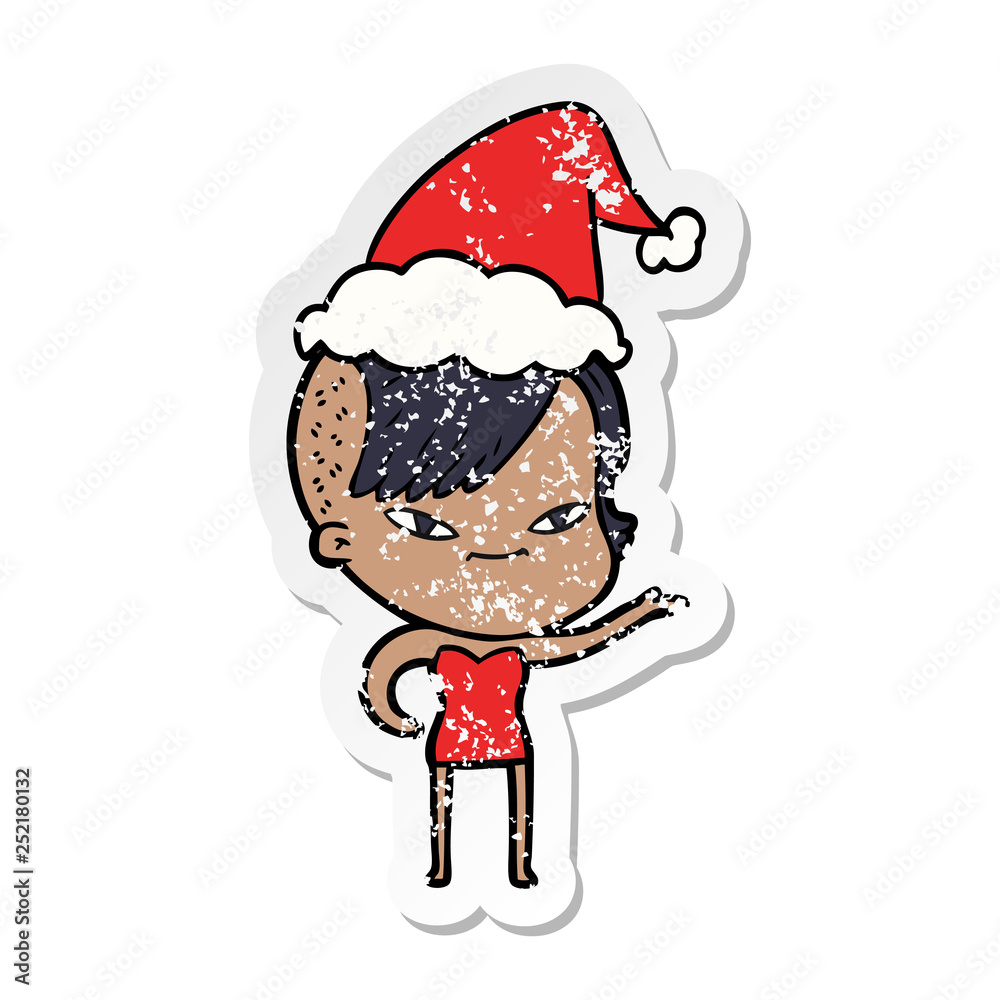 cute distressed sticker cartoon of a girl with hipster haircut wearing santa hat cute distressed sticker cartoon of a girl with hipster haircut wearing santa hat