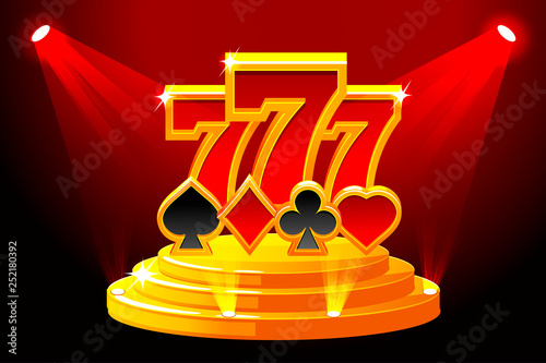 777 and Playing Card Symbols on Stage Podium. Vector illustration for casino, slots, roulette and UI. Icons on separate layers.