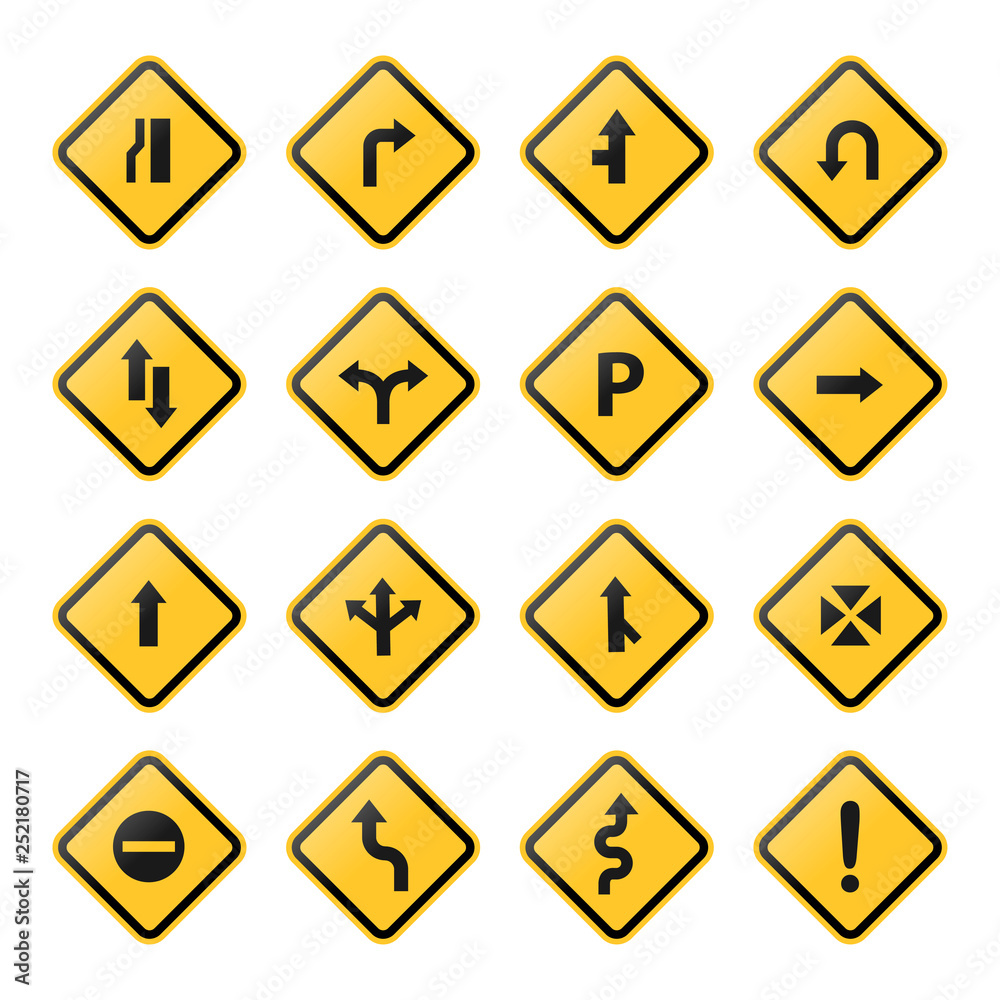 set of yellow road signs set of yellow road signs
