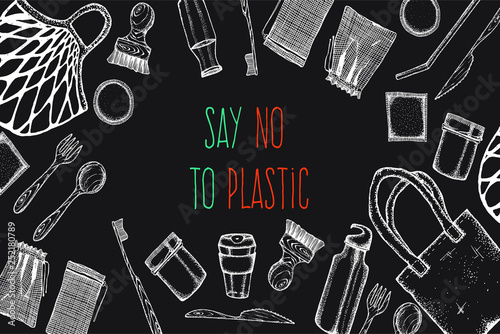 Zero Waste life stile.Hand drawn elements . Eco style. No plastic. Go green.Engraved stile.Cloth shopping bag, reusable produce bag.Bamboo toothbrush,shaving brush, glass jar,spoon, fork, knife,bottle