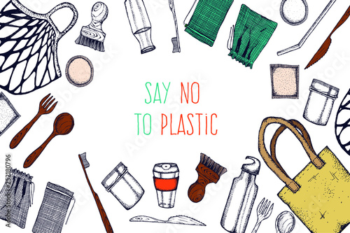 Zero Waste life stile.Hand drawn elements . Eco style. No plastic. Go green.Engraved stile.Cloth shopping bag, reusable produce bag.Bamboo toothbrush,shaving brush, glass jar,spoon, fork, knife,bottle